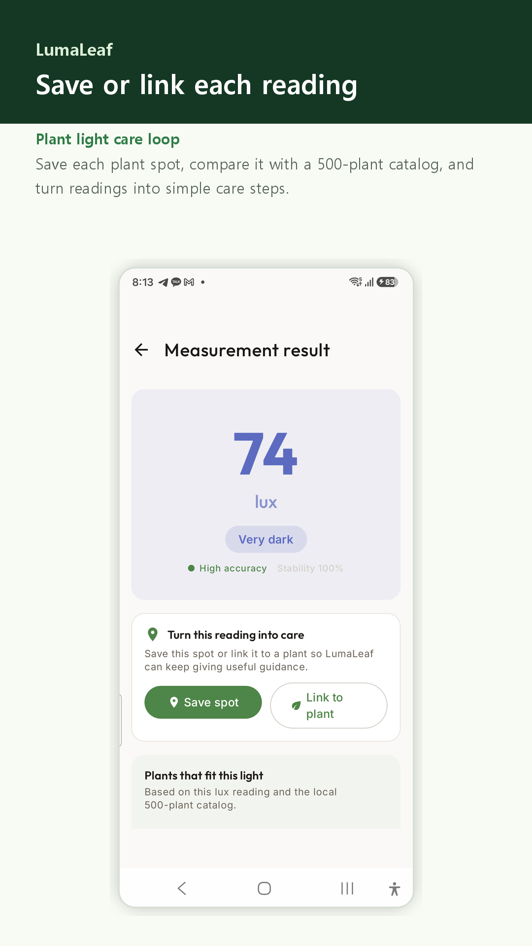 Measurement result screen with save spot and link plant actions